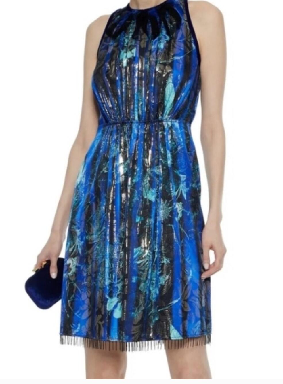 Elie Tahari Demitria Metallic Floral Print Dress Blue Size 8